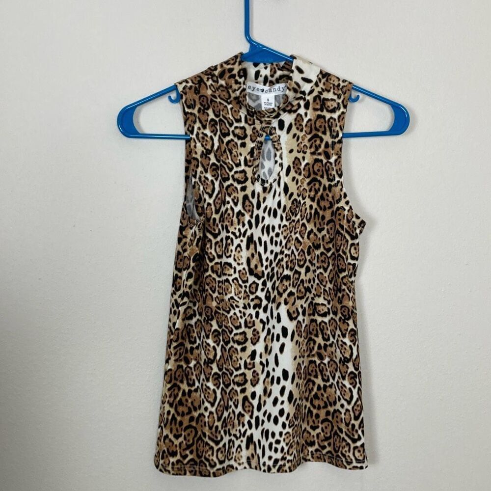Eye Candy Leopard Print Mock Neck‎ Keyhole Sleeveless Top Small Brown Black